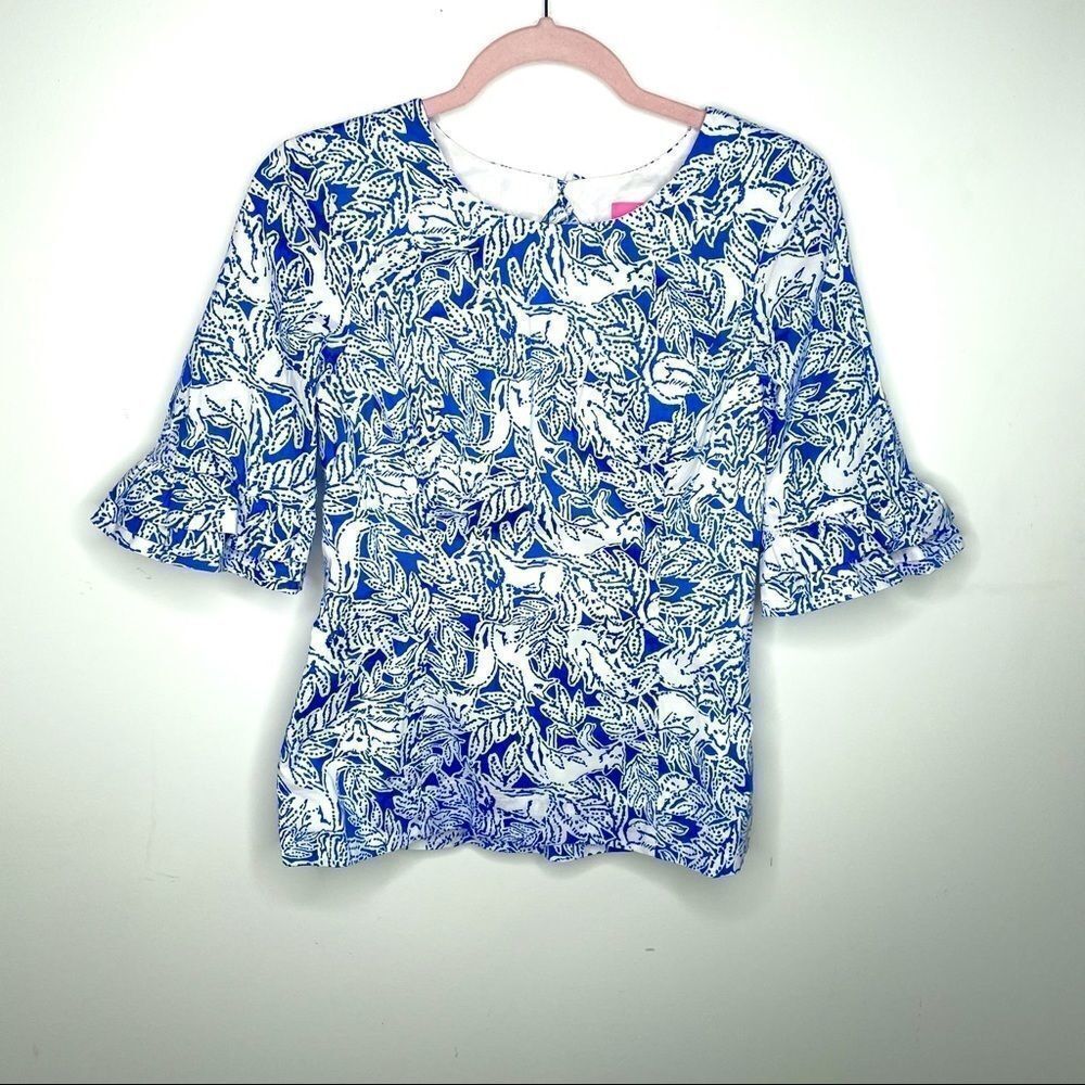 NWT Lilly Pulitzer Fiesta Top Coastal Blue & Resort White Ruffle Sleeve Sz 2